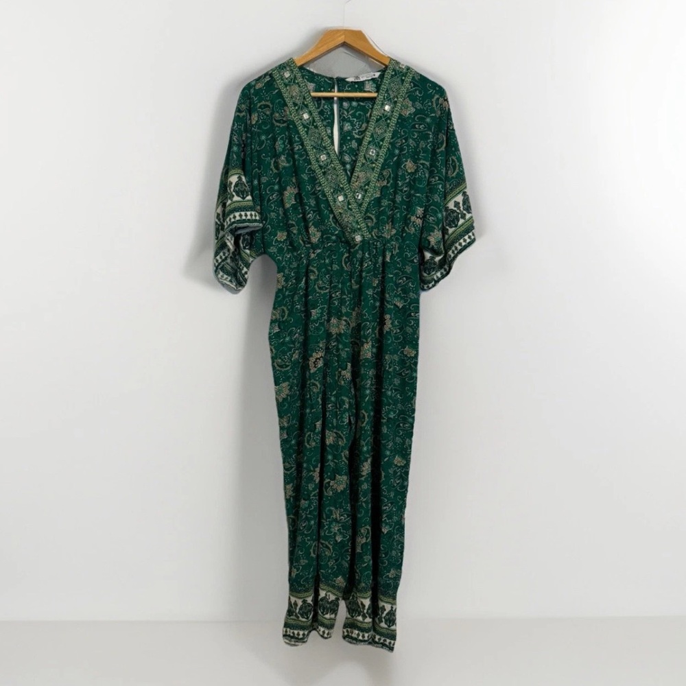 Zara Sold Out EMBROIDERED PRINTED‎ JUMPSUIT Like Spell Size Large- Emerald Green